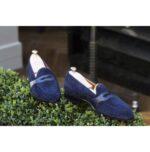 Handmade Navy Blue Penny Loafers Suede Shoes - leathersguru