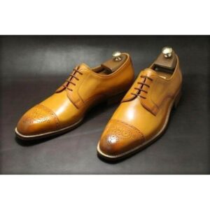 Handmade Tan Leather Cap Toe Brogue Shoes - leathersguru