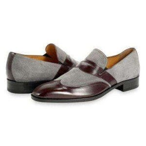 Handmade Brown Gray Suede Leather Penny Loafers - leathersguru