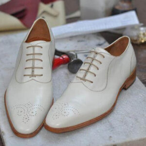 Men's Leather White Brogue Toe Shoes - leathersguru