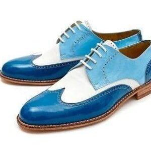 Men's Leather Wing Tip Blue White Lace Up Shoes - leathersguru