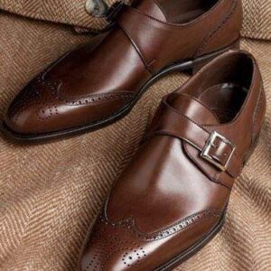 Men's Leather Monk Strap Brown Wing Tip Brogue Shoes - leathersguru