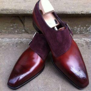 Handmade Burgundy Leather Suede Monk Shoe - leathersguru