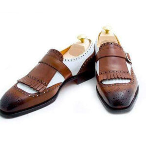 Men's Leather Monk Strap Brown White Fringe Brogue Shoes - leathersguru