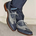 Two tone wing tip brogue Men Blue gray dress oxfords shoes - leathersguru