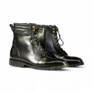 Bespoke Black Leather Side Zip Ankle Cap Toe Lace Up Boot - leathersguru