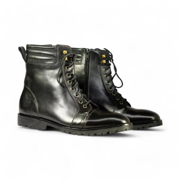 Bespoke Black Leather Side Zip Ankle Cap Toe Lace Up Boot - leathersguru