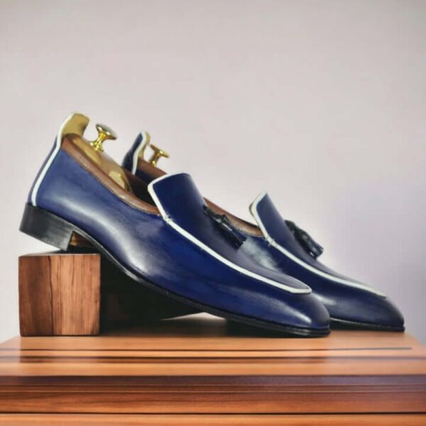 Bespoke Navy Blue Loafer Tussle Leather Shoes, For Men's