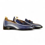 Bespoke Navy Blue Loafer Tussle Leather Shoes, For Men's