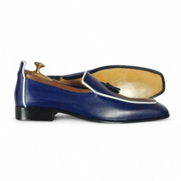 Bespoke Navy Blue Loafer Tussle Leather Shoes, For Men's