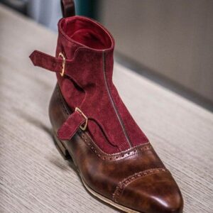 Handmade Brown Burgundy Monk Strap Cap Toe Boot - leathersguru