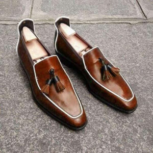 Handmade Brown Leather Tussles Loafers - leathersguru