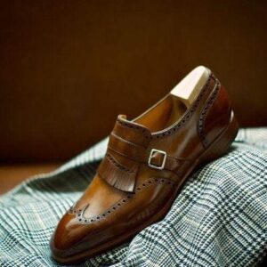 Handmade Brown Monk Fringe Wing Tip Shoe - leathersguru