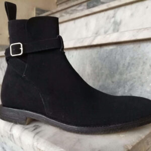 Handmade Men's Black Jodhpurs Buckle Suede Ankle High Boot - leathersguru
