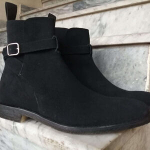 Handmade Men's Black Jodhpurs Buckle Suede Ankle High Boot - leathersguru
