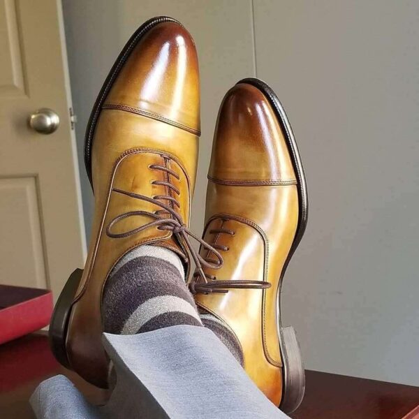 Handmade Two Tone Tan Leather Cap Toe Lace Up Shoe - leathersguru