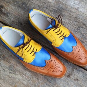 Men's Leather Multi Color Wing Tip Brogue  Lace Up Shoes - leathersguru