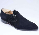 Handmade Navy Blue Suede Monk Strap Shoes - leathersguru