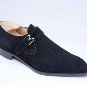 Handmade Navy Blue Suede Monk Strap Shoes - leathersguru
