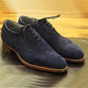 Handmade Navy Blue Suede Wing tip Brogue Shoes - leathersguru