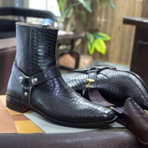 Handmade Black Python Leather Boot, Men's Classic Boot With Madrid Strap Style Boot