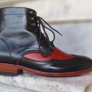 Handmade Men's Ankle High Black Brown Leather Wing Tip Boot - leathersguru