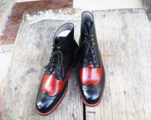 Handmade Men's Ankle High Black Brown Leather Wing Tip Boot - leathersguru
