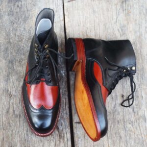 Handmade Men's Ankle High Black Brown Leather Wing Tip Boot - leathersguru
