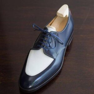 Handmade Men's Blue White Leather Round Toe Shoes - leathersguru