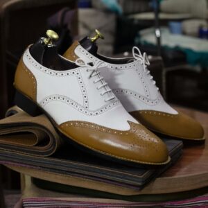 Handmade Two Tone Lace Up Leather Shoes, Wing Tip Style Shoes , Men's Shoes