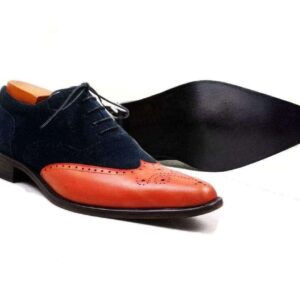 Men's New Tan Navy Blue Leather Suede  Shoe - leathersguru