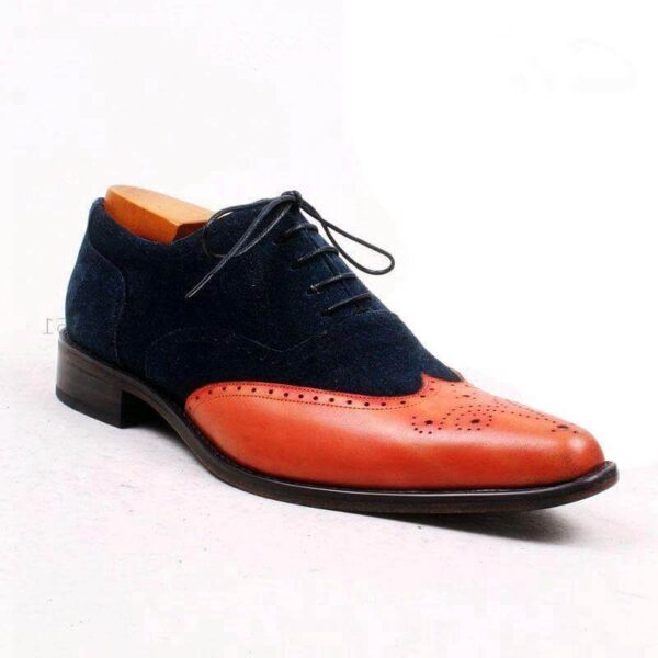 Men's New Tan Navy Blue Leather Suede  Shoe - leathersguru