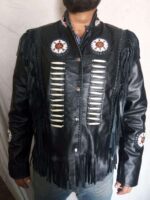 Handmade Western Black Native America Leather Jacket, Fringe Beads Bones jacket - leathersguru