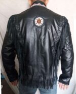 Handmade Western Black Native America Leather Jacket, Fringe Beads Bones jacket - leathersguru