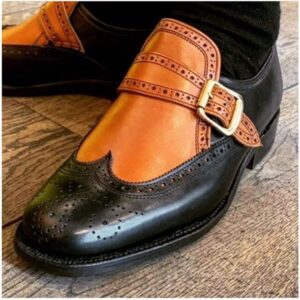 Handmade Tan Black Monk Strap Leather Shoes - leathersguru