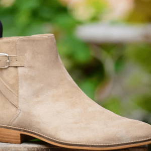 Handmade Men's Ankle High Beige Suede Jodhpurs Buckle Boot - leathersguru