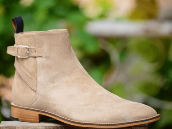 Handmade Men's Ankle High Beige Suede Jodhpurs Buckle Boot - leathersguru