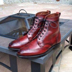 Handmade Burgundy Wing Tip Brogue Leather Boot - leathersguru