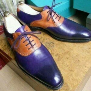 Handmade Navy Blue Tan Leather Derby Lace Up Shoes - leathersguru