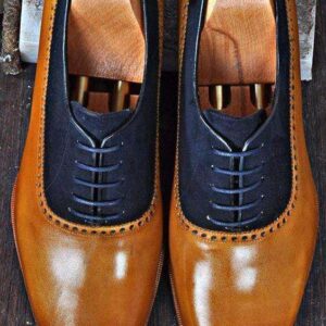 Handmade Navy Blue Tan Leather Suede Derby Shoes - leathersguru