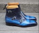 Handmade 2 Tone Blue Leather Buckle Boot, Men's Triple Monk Strap Cap Toe Boot