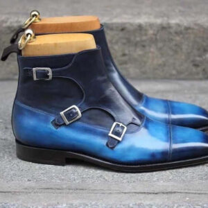 Handmade 2 Tone Blue Leather Buckle Boot, Men's Triple Monk Strap Cap Toe Boot