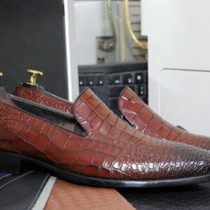 Handmade Alligator Skin Brown Leather Slip On Shoes