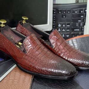 Handmade Alligator Skin Brown Leather Slip On Shoes