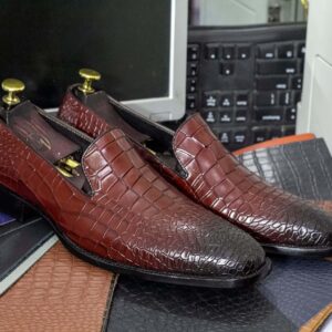 Handmade Alligator Skin Brown Leather Slip On Shoes