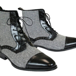 Handmade Ankle High Black Leather And Tweed Boots Casual Dress Party Boots Men