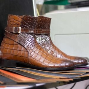 Handmade Ankle High Brown Alligator Texture Jodhpurs Men's Designer Boot