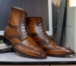 Handmade Ankle High Brown Derby Boot, Wing Tip Leather Lace Up Boot