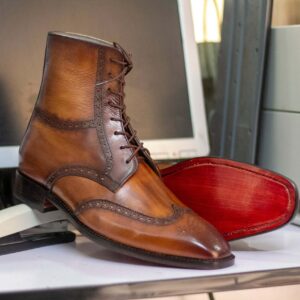 Handmade Ankle High Brown Derby Boot, Wing Tip Leather Lace Up Boot