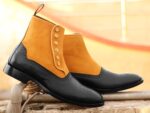 Handmade Ankle High Tan Black Boot, Men's Handmade Leather Suede Button Top Brogue Boots For men's